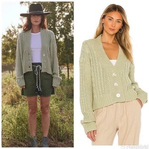THE GREAT The Montana Cable Cardigan Sweater in Sea Green